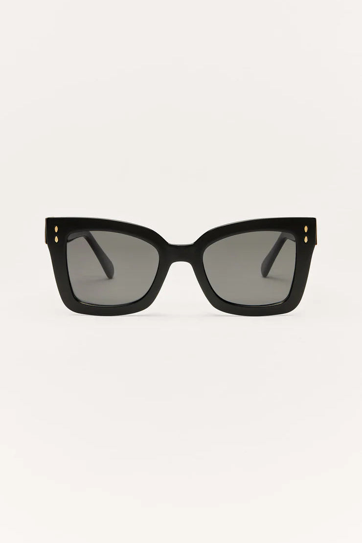 CONFIDENTIAL sunglasses, black oversized square frame with grey tinted lenses