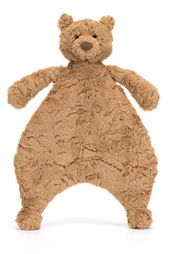 Brown bear comforter plush with embroidered face and curved belly, teddy arms out