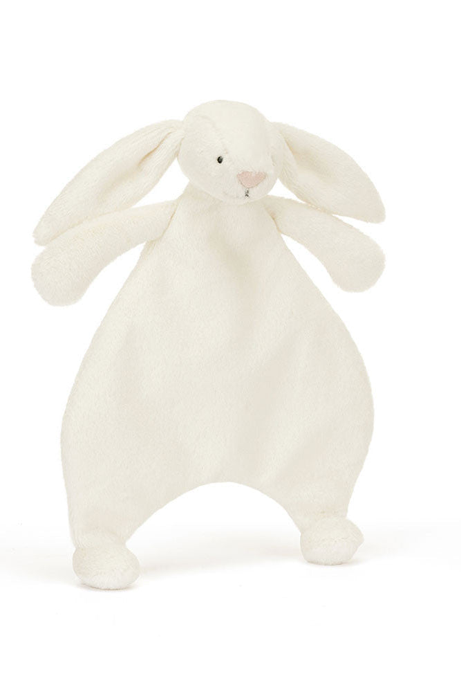 Cream bunny comforter plush with long ears and stitched face, cuddly bean shape