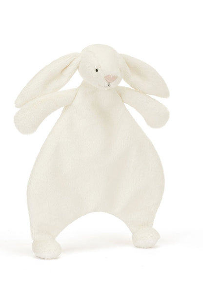 Cream bunny comforter plush with long ears and stitched face, cuddly bean shape