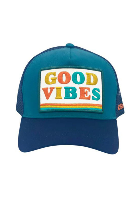 Good vibes trucker in teal/blue front view