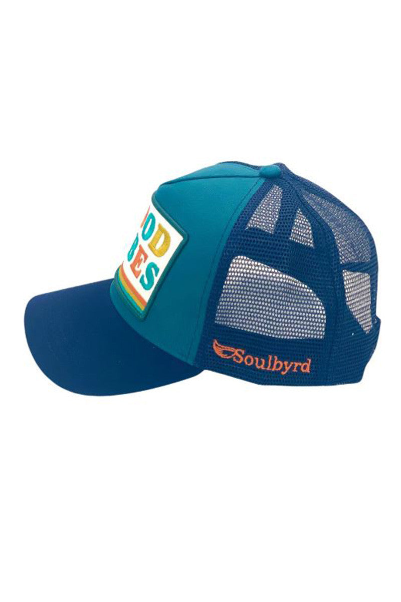 Good vibes trucker in teal/blue side view