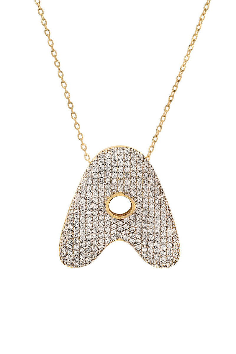 Twinkling puffy initial necklace in gold clear crystals letter A