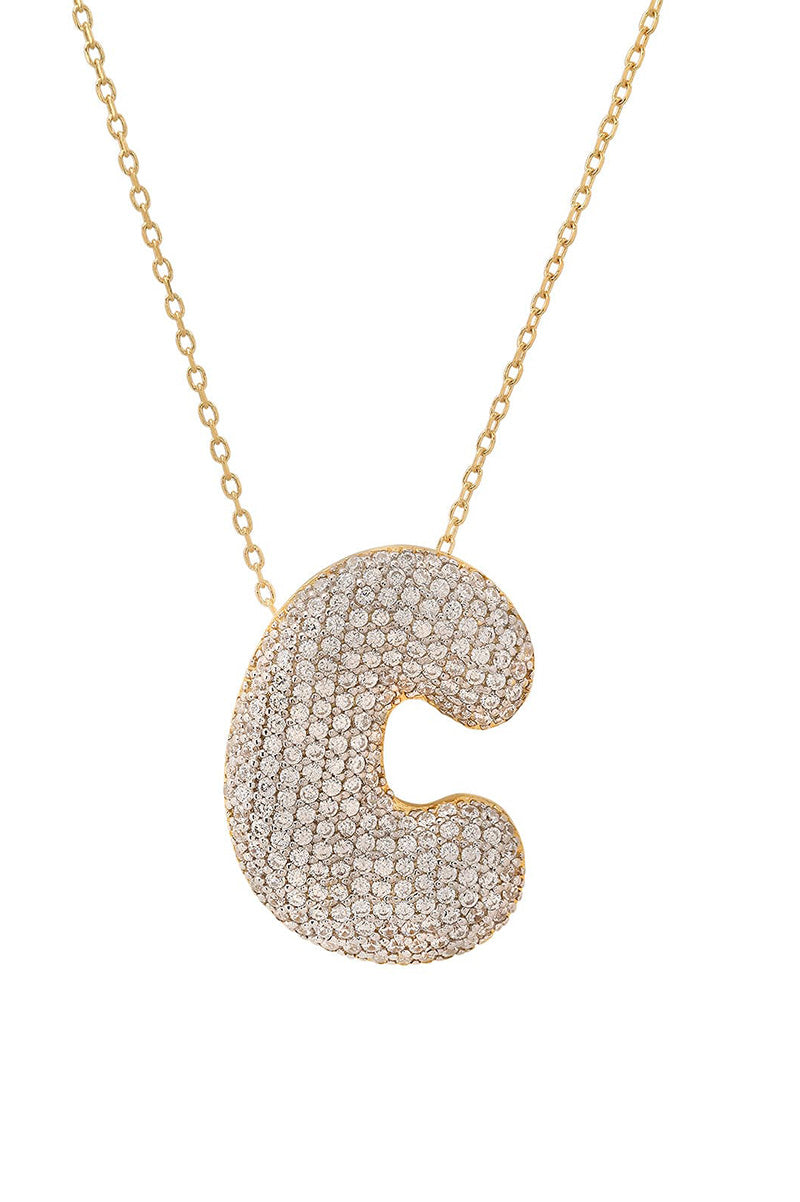 Twinkling puffy initial necklace in gold clear crystals letter C