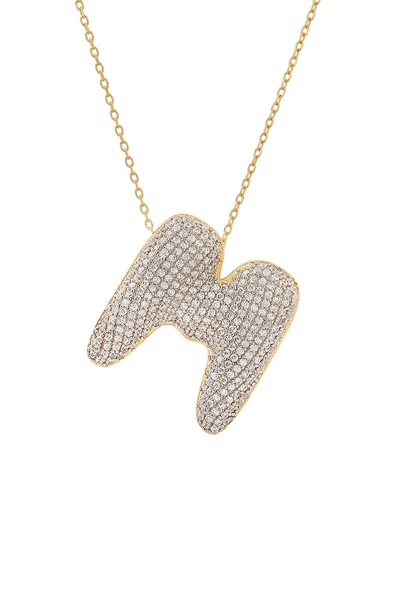 Twinkling puffy initial necklace in gold clear crystals letter M