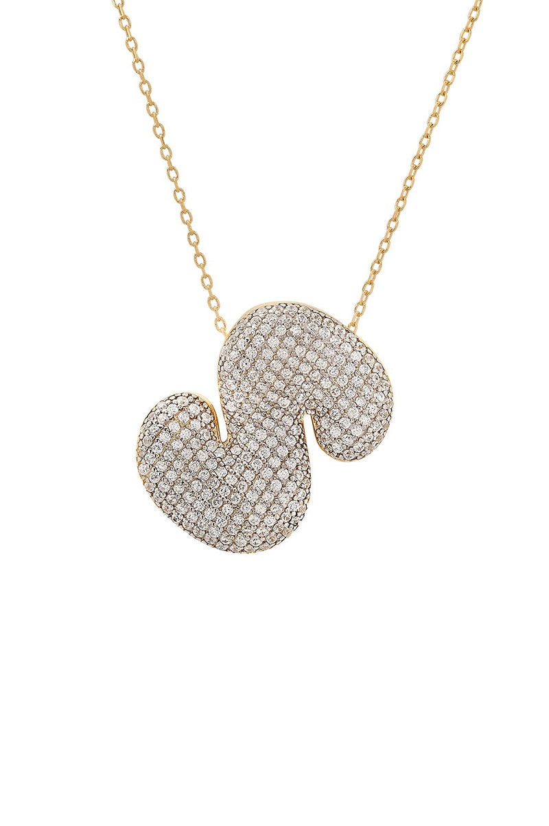 Twinkling puffy initial necklace in gold clear crystals letter S