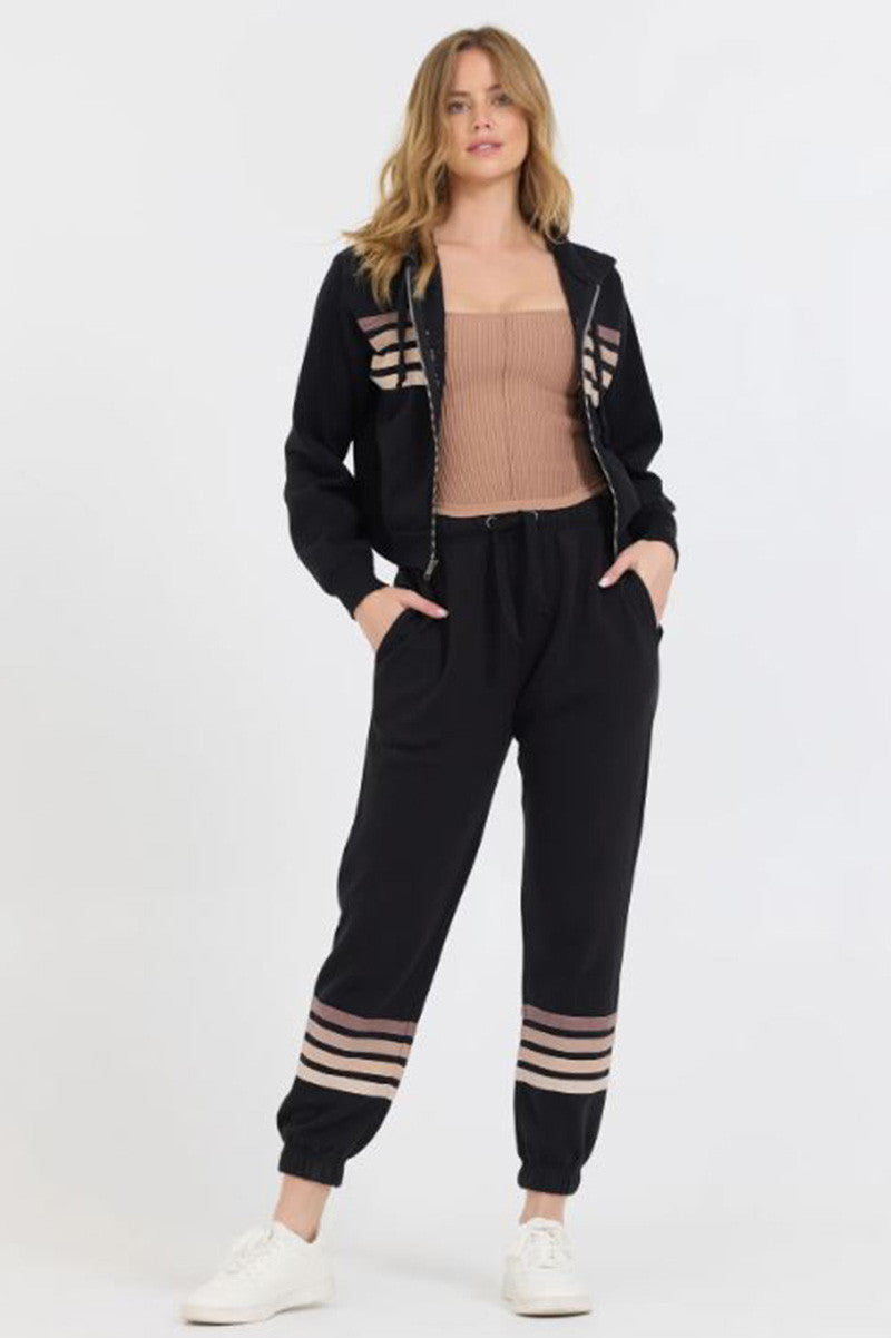 Stripe burnout fleece jogger in black/neutral style view 