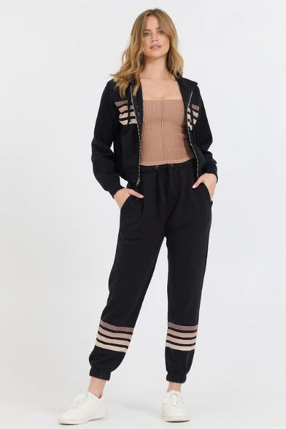 Stripe burnout fleece jogger in black/neutral style view 