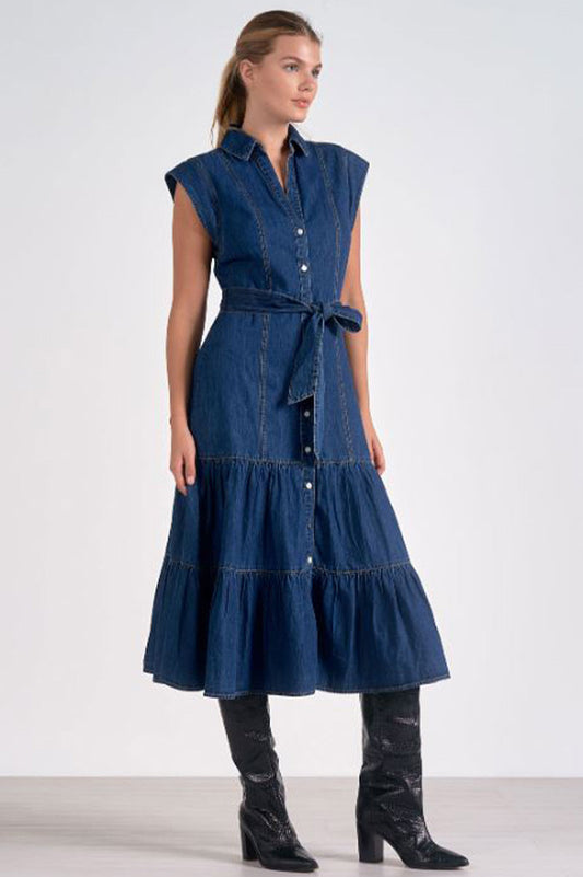 cap sleeve belted dress in blue front view