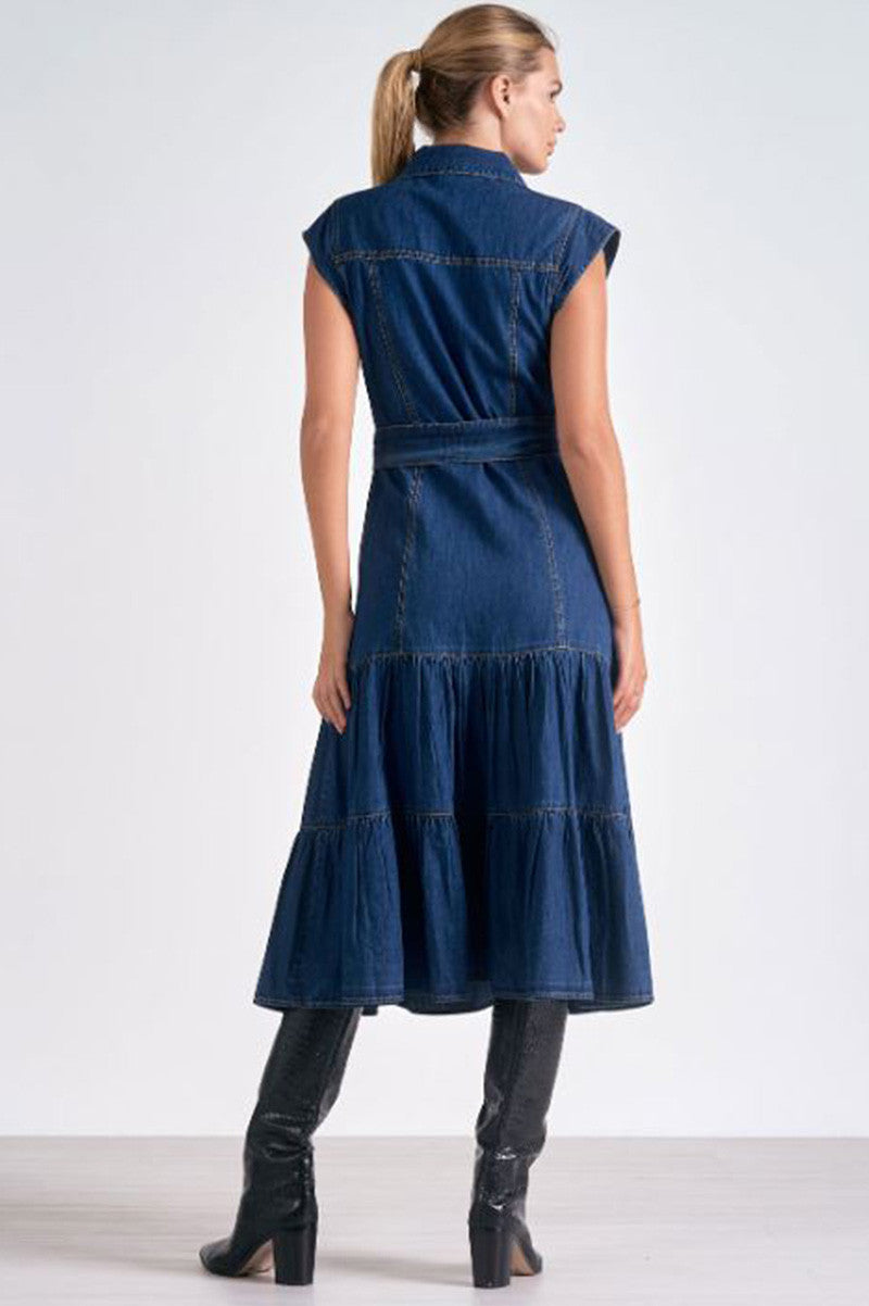 cap sleeve belted dress in blue back view
