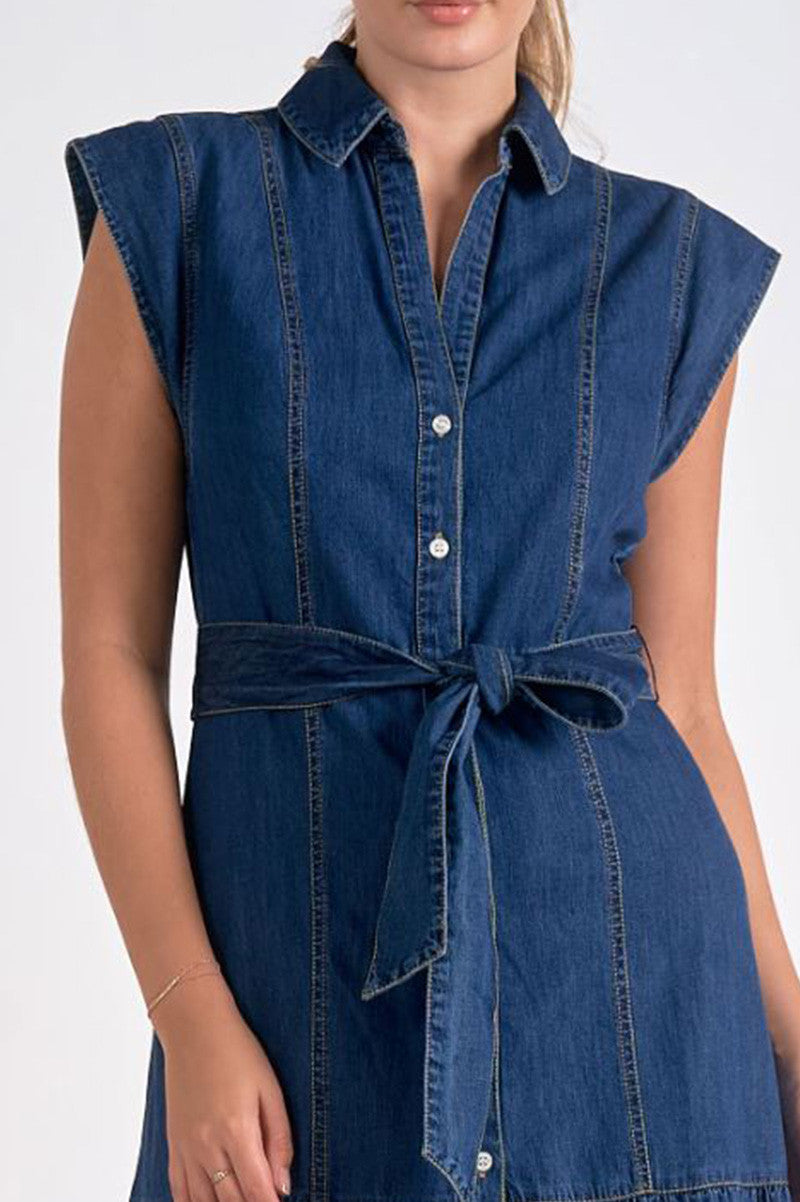 cap sleeve belted dress in blue front detail view