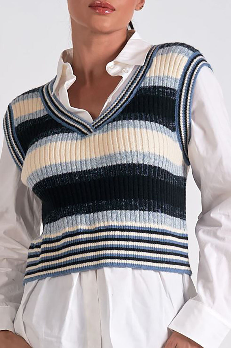 Kaia sweater vest top in blue multi front detail view
