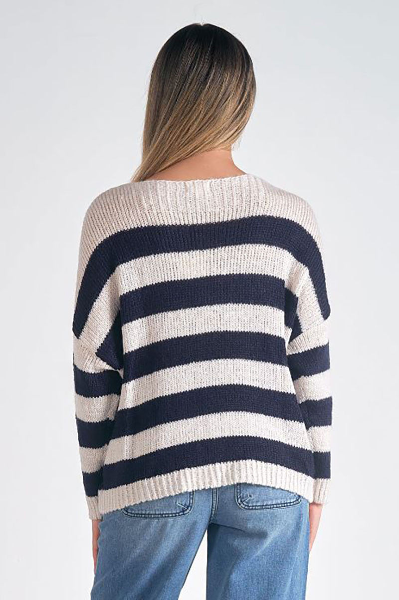 V-neck sweater in navy/natural back view 