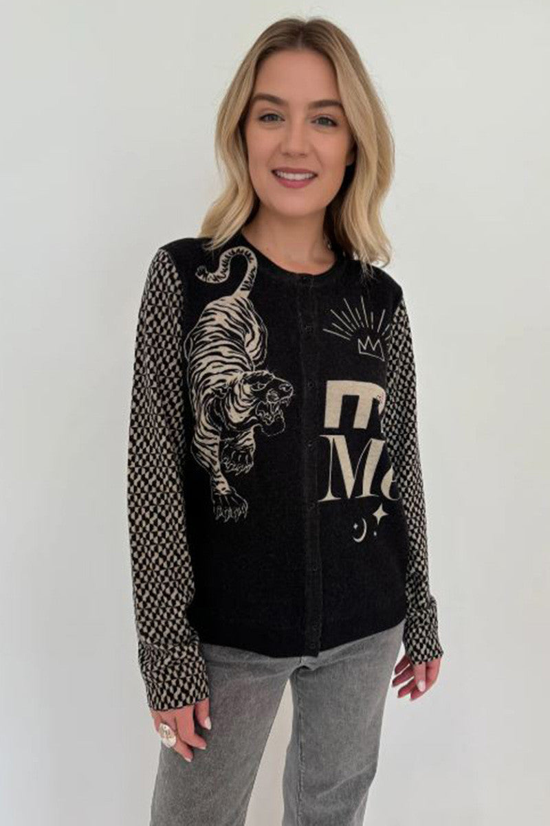 ilana short printed cardigan in black magic front view