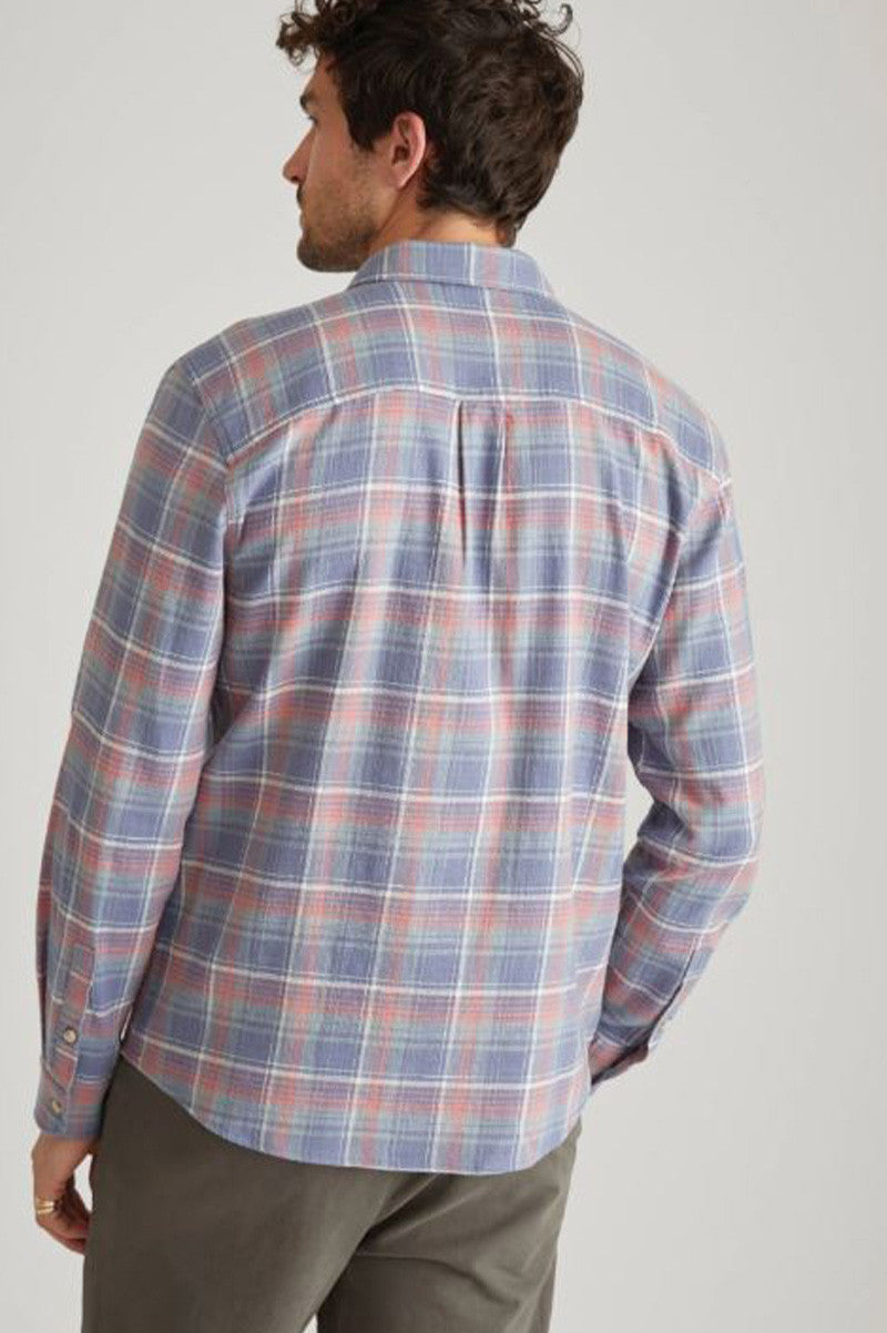 stretch selvage long sleeve shirt in multi plaid back view 