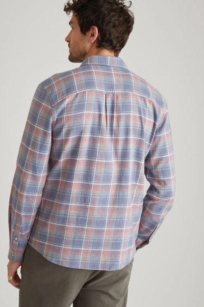 stretch selvage long sleeve shirt in multi plaid back view 