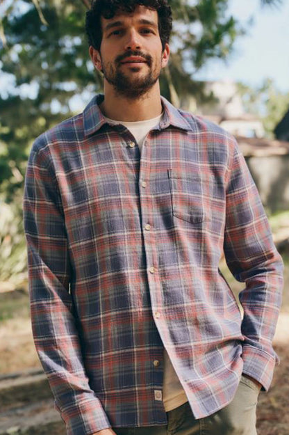 stretch selvage long sleeve shirt in multi plaid front view 