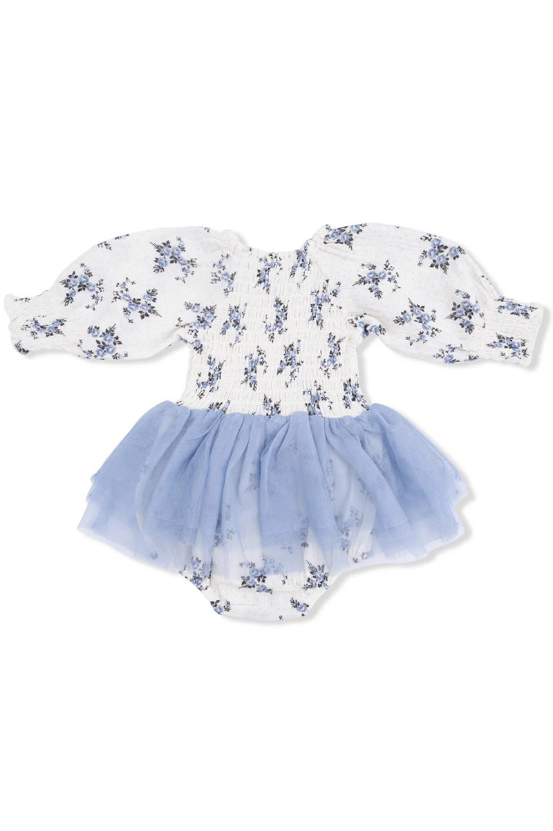 Long sleeve smocked tutu bubble in belle rosette dot back view