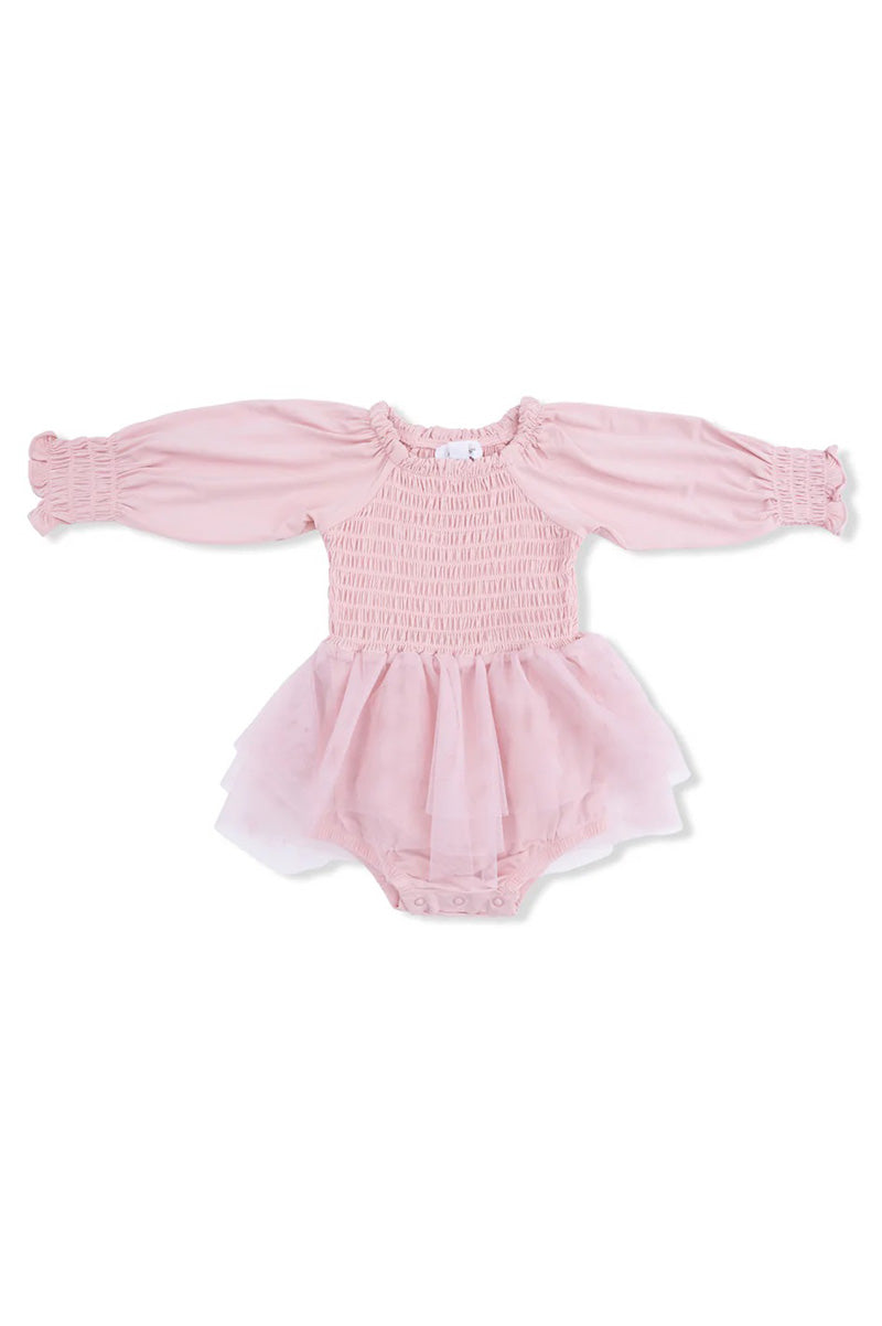 Long sleeve smocked tutu bubble in solid peachskin front view