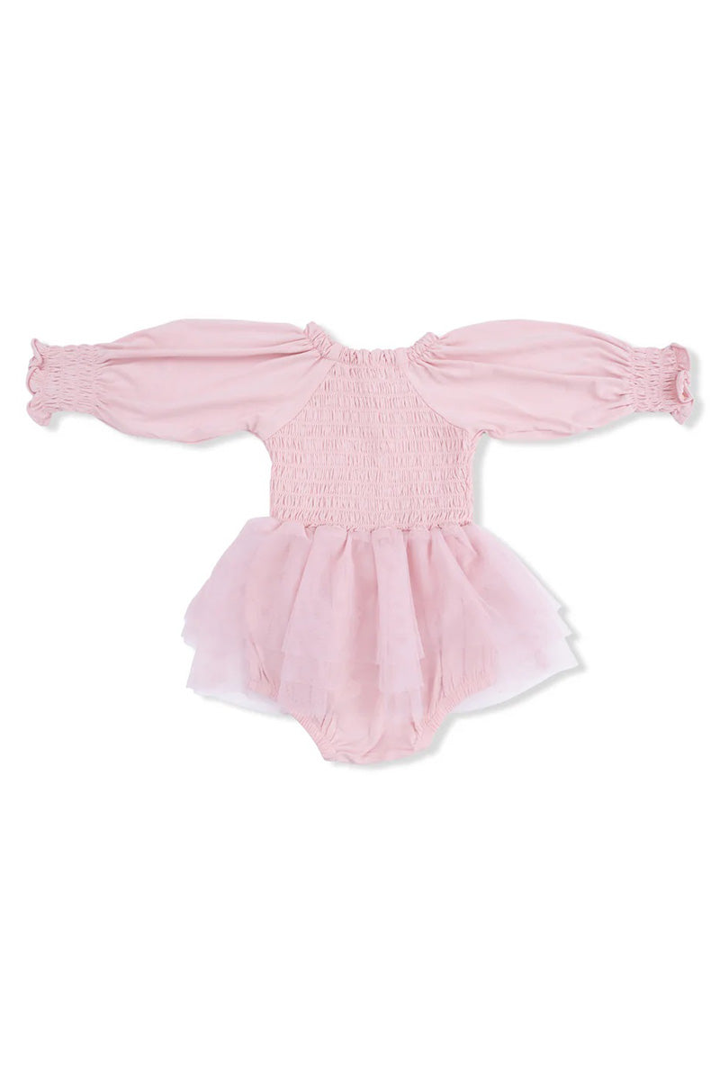 Long sleeve smocked tutu bubble in solid peachskin back view