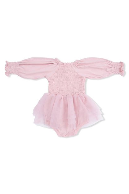 Long sleeve smocked tutu bubble in solid peachskin back view