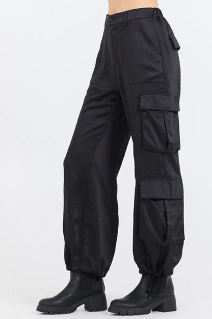 heavy satin cargo pants in black side view