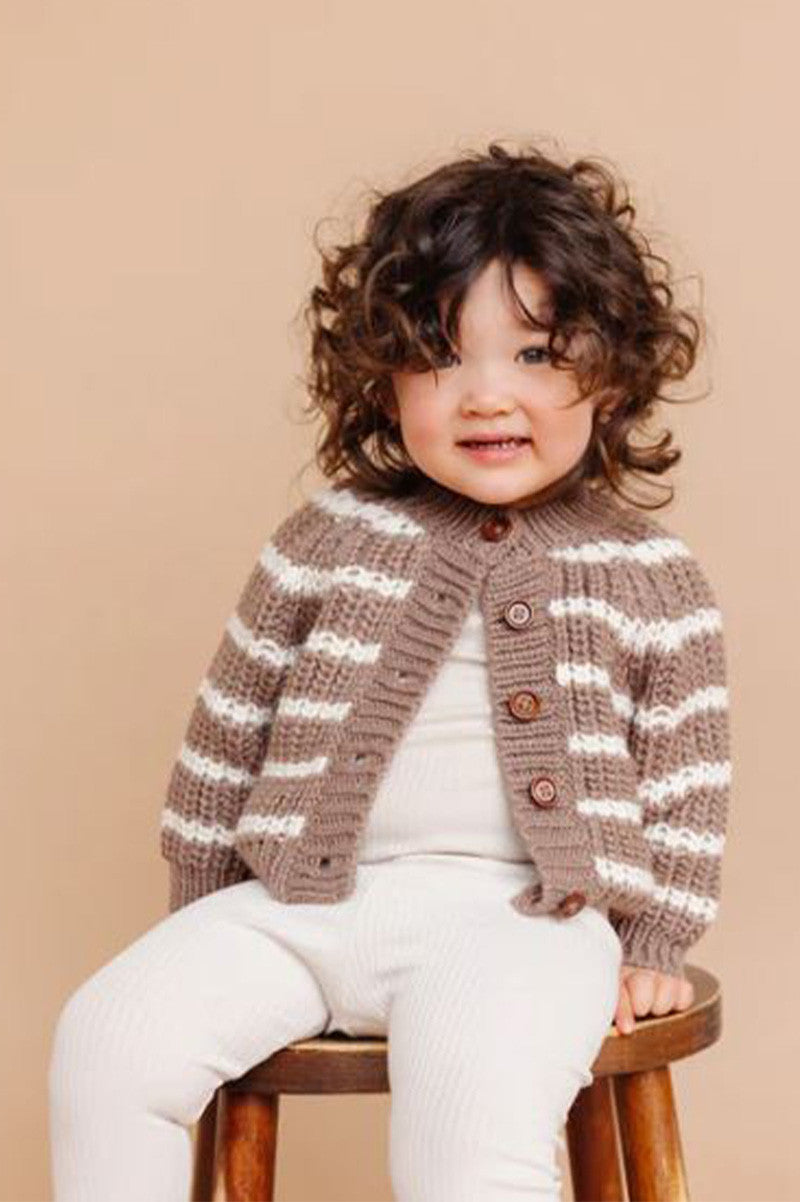 rib knit stripe cardigan in tan front view