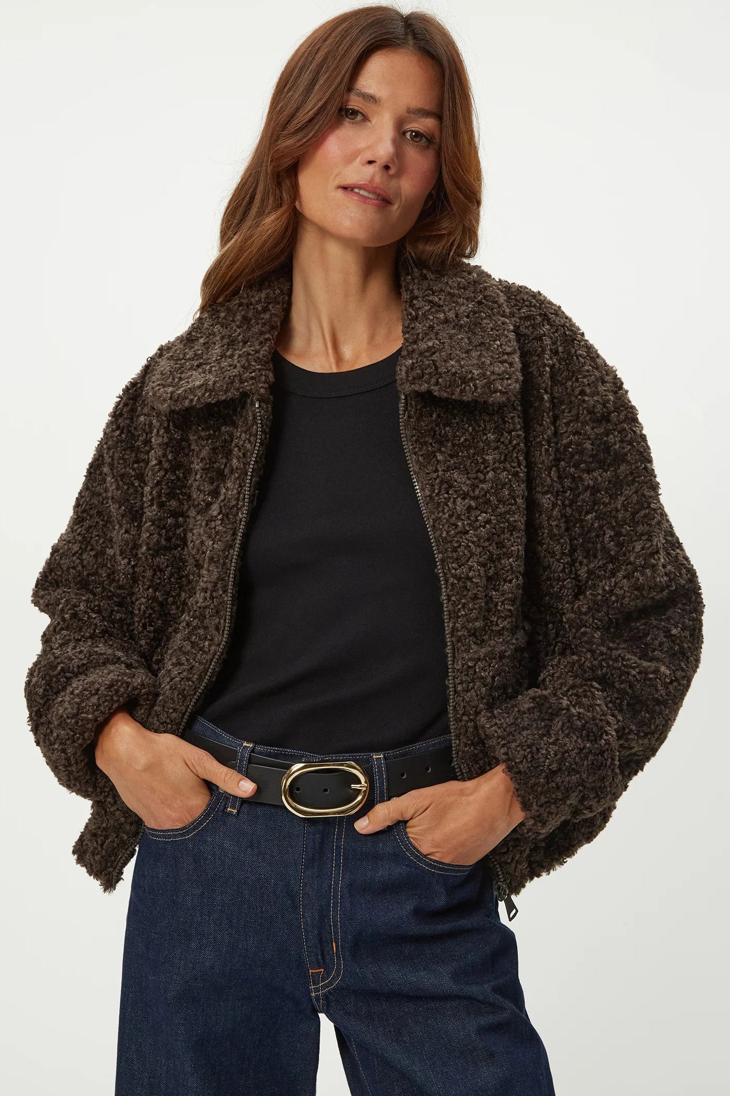 ZIGGY FAUX SHEARLING JACKET IN JAVA FRONT VIEW