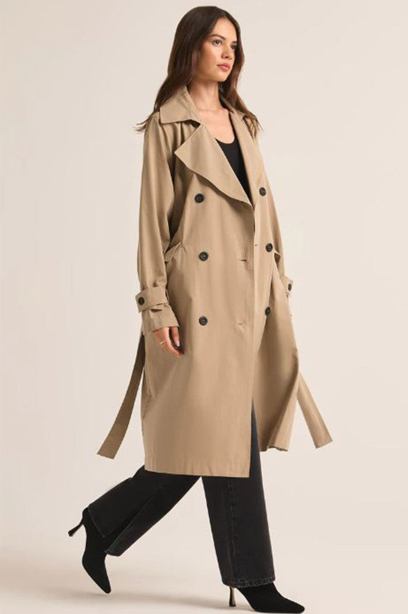 dorian trench coat in driftwood side view