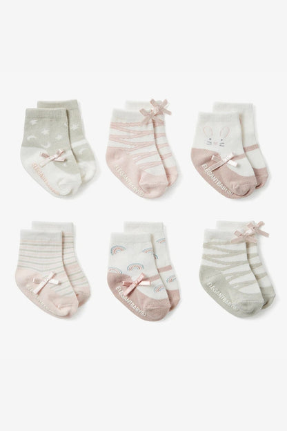 Baby socks 0-12M set: white, pink & grey with bows and stripes