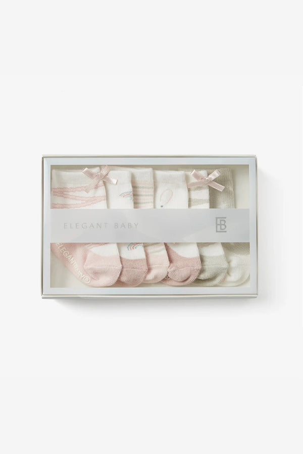 Gift box with baby socks, soft pink, beige and white prints