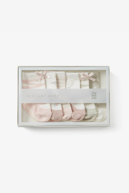 Gift box with baby socks, soft pink, beige and white prints