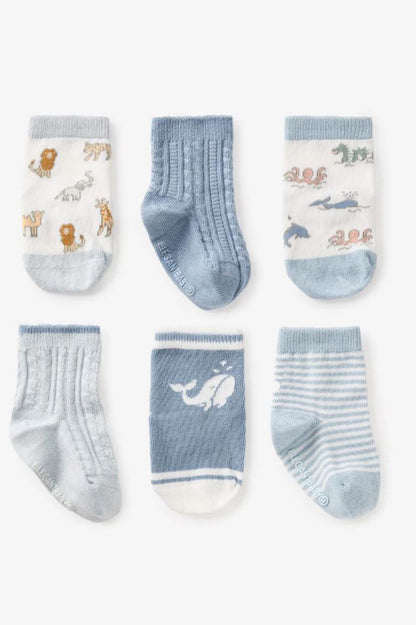 Baby non-slip socks 0-12M, white & blue with animal prints