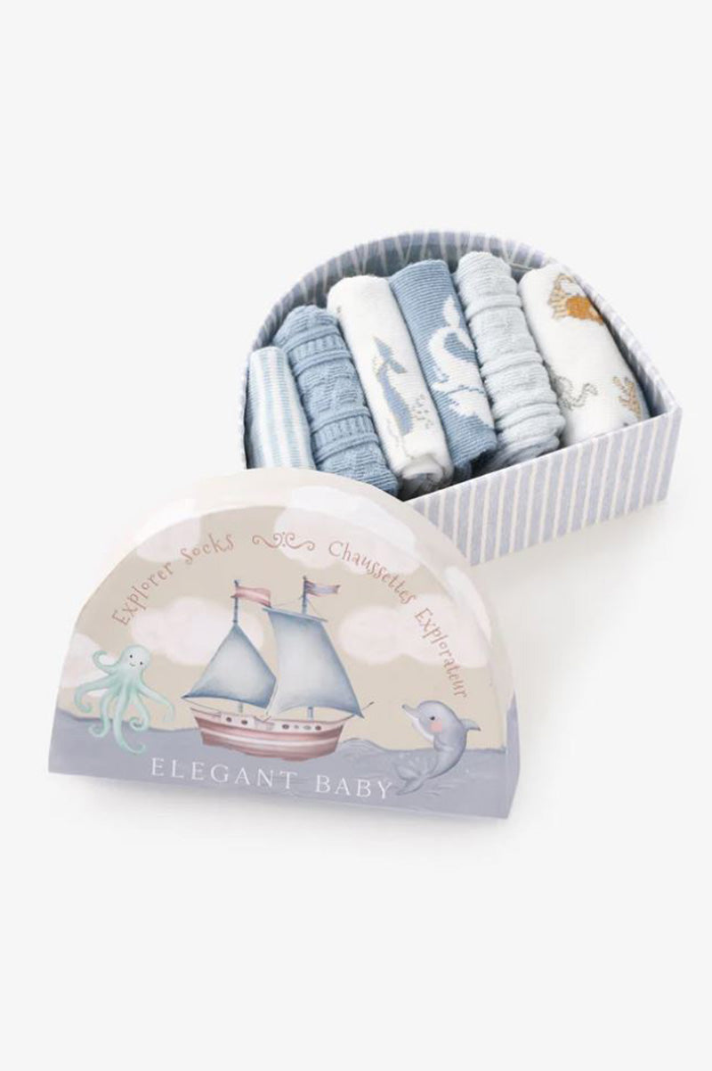 Set of baby socks in tray, blue-striped & animal designs