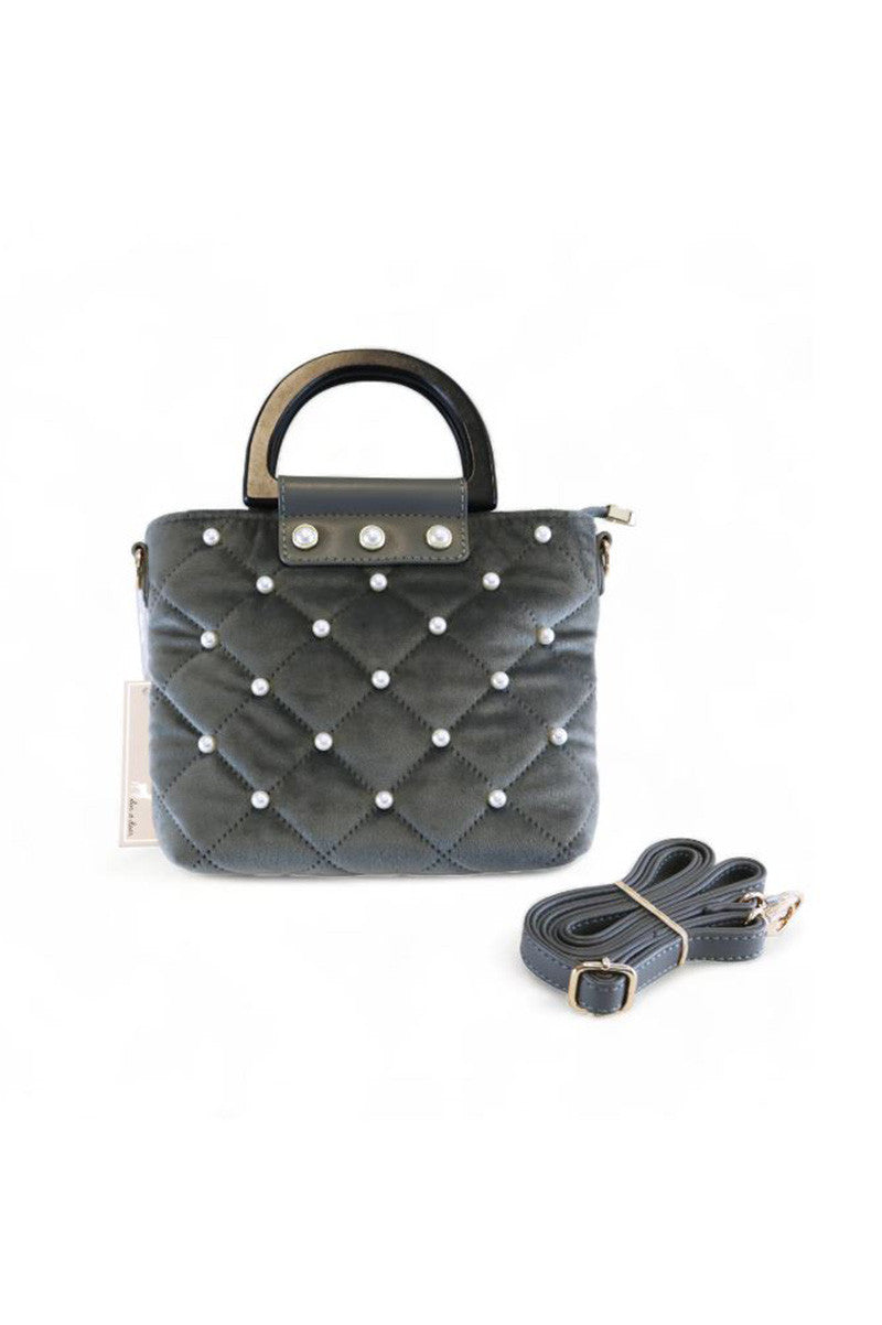 pearls quilted velvet bag in grey front view