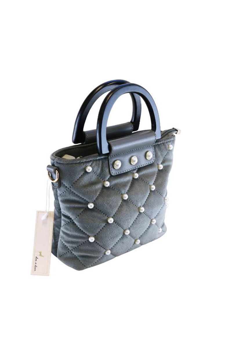 pearls quilted velvet bag in grey side view