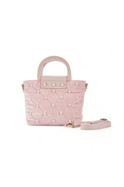 pearls quilted velvet bag in pink front view