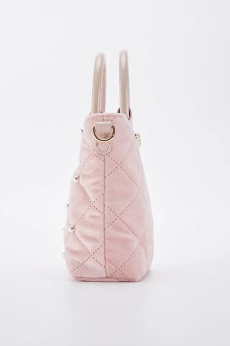 pearls quilted velvet bag in pink side view