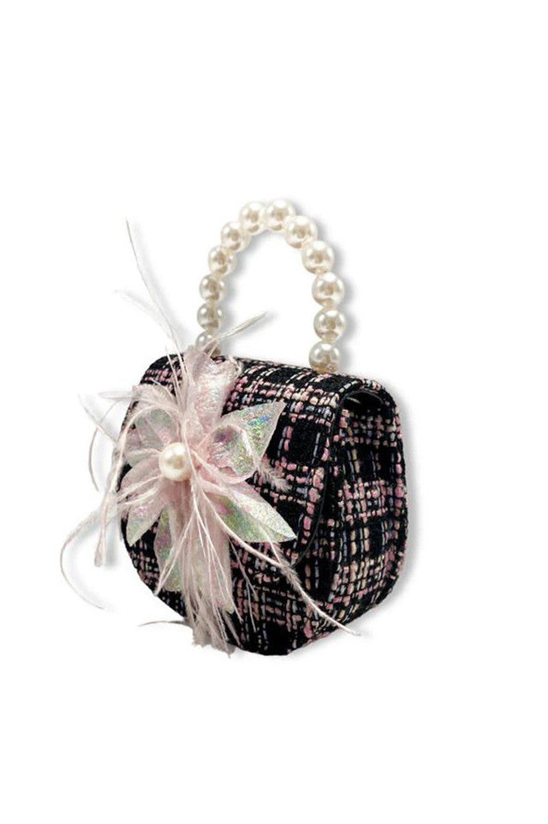 feather floral tweed purse in black side view 