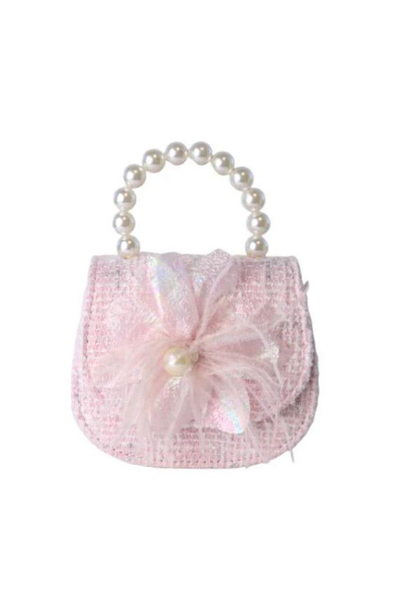 feather floral tweed purse in pink front view 