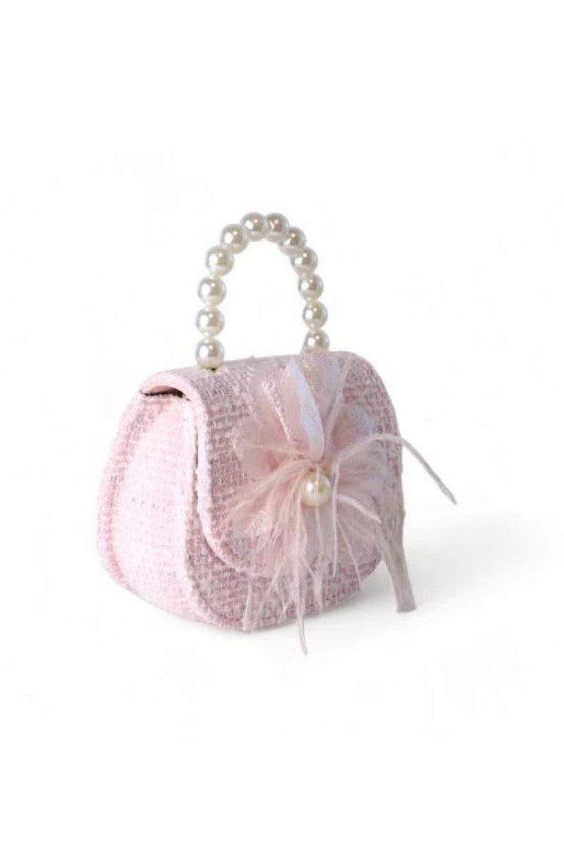 feather floral tweed purse in pink side view 