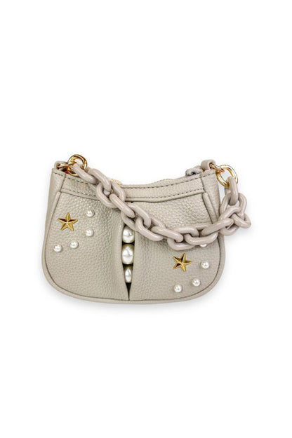 pearl studs mini leather shoulder bag in grey front view