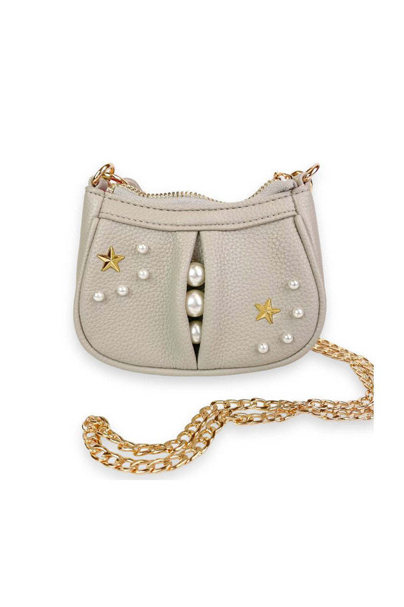 pearl studs mini leather shoulder bag in grey front chain view