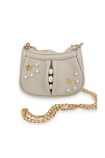pearl studs mini leather shoulder bag in grey front chain view