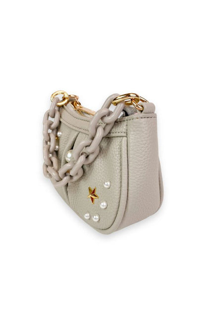 pearl studs mini leather shoulder bag in grey side view
