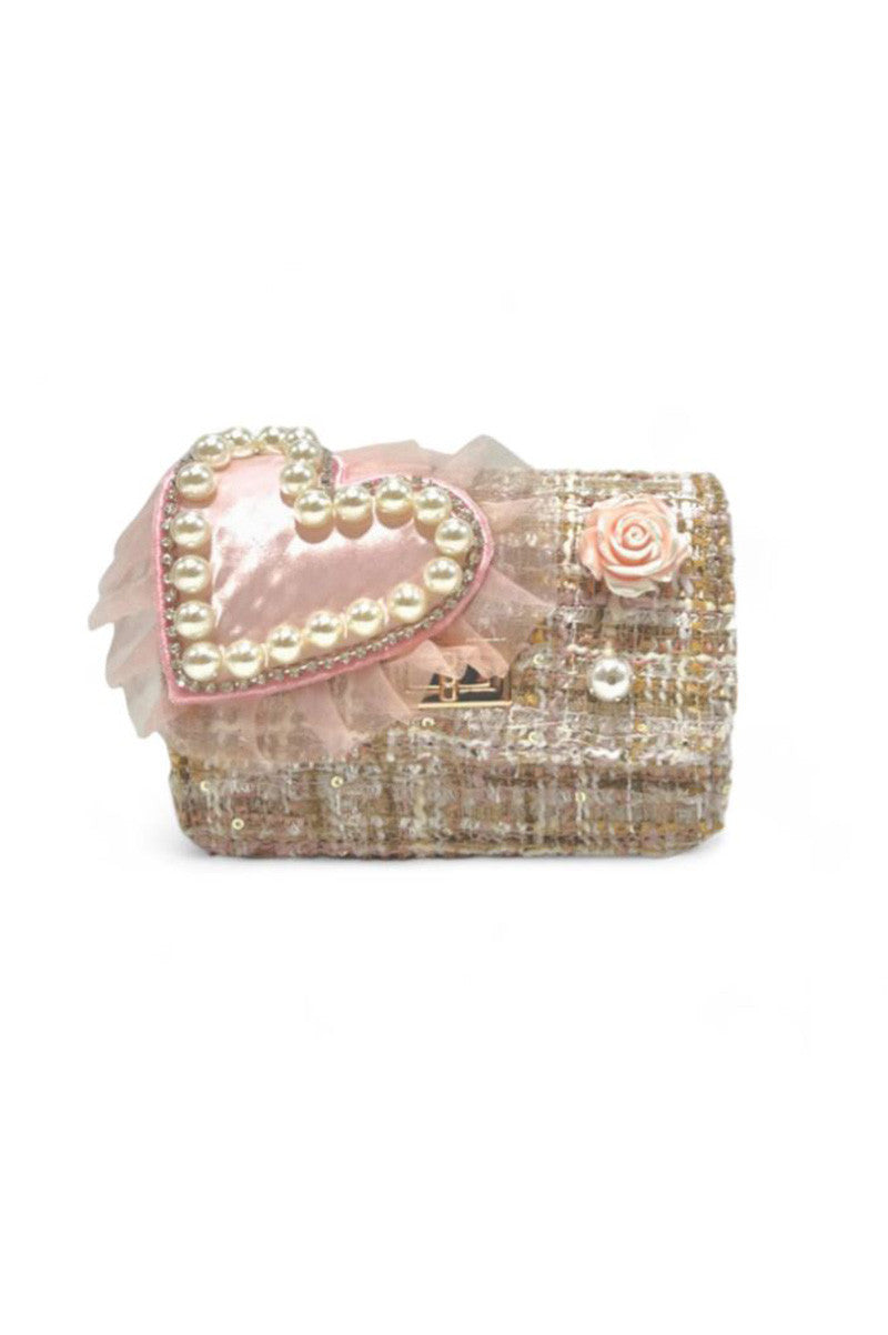 big heart tweed purse in pink/beige front view