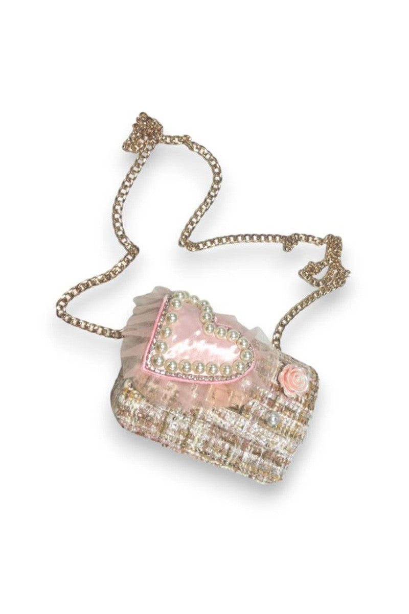 big heart tweed purse in pink/beige front chain view