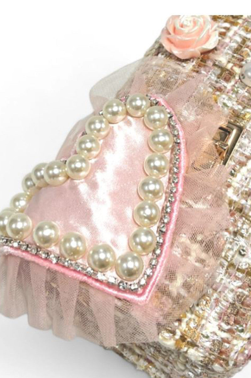 big heart tweed purse in pink/beige detail view