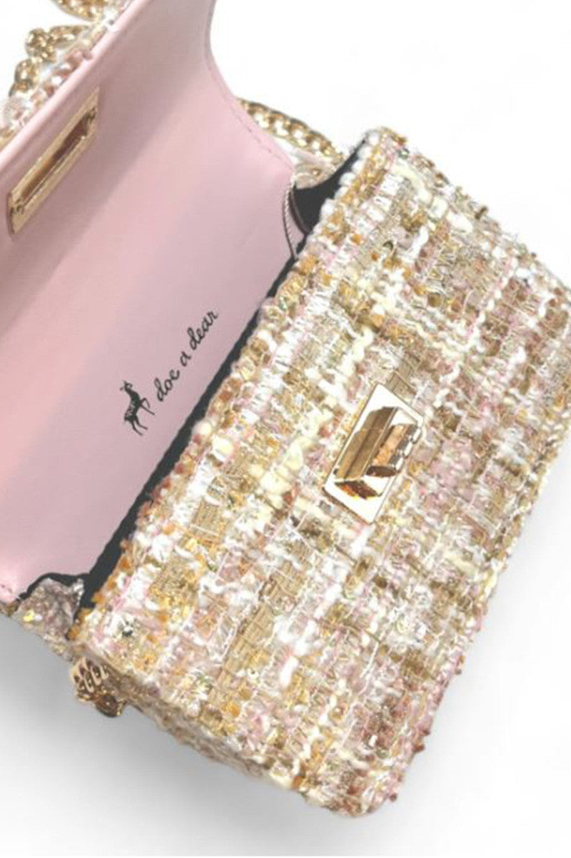big heart tweed purse in pink/beige open view