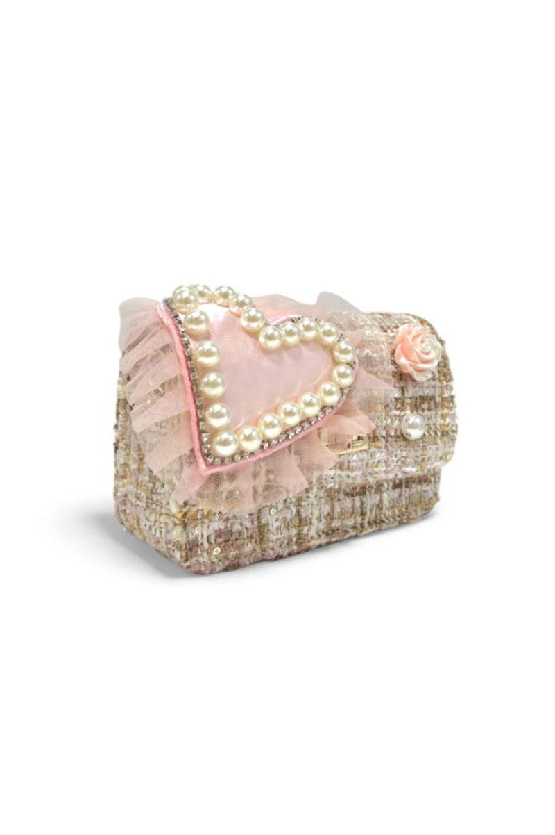 big heart tweed purse in pink/beige side view